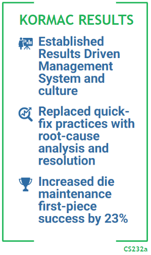 Kormac Results - Established results driven management system and culture - Replaced quick-fix practices with root-cause analysis and resolution - Increased die maintenance first-piece success by 23%. CS232a
