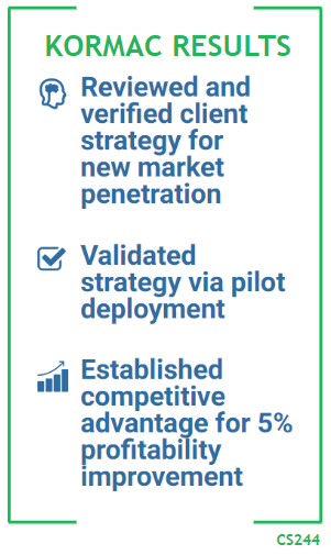 Kormac Results - Reviewed and verified client strategy for new market penetration - validated strategy via pilot deployment - established competitive advantage for 5% profitability improvement. CS244