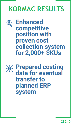 Kormac Results - Enhanced competitive position with proven cost collection system for 2000+ SKUs - Prepared costing data for eventual transfer to planned ERP system. CS249