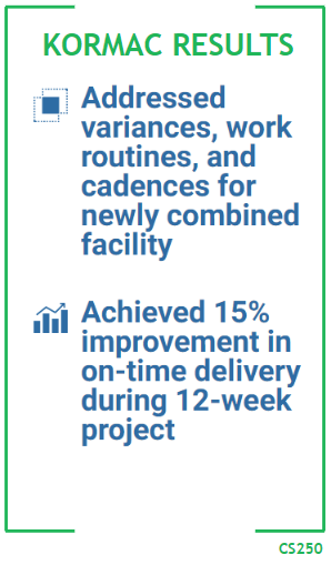 Kormac Results - Addressed variances, work routines, and cadences for newly combined facility - Achieved 15% improvement in on-time delivery during 12-week project. CS250
