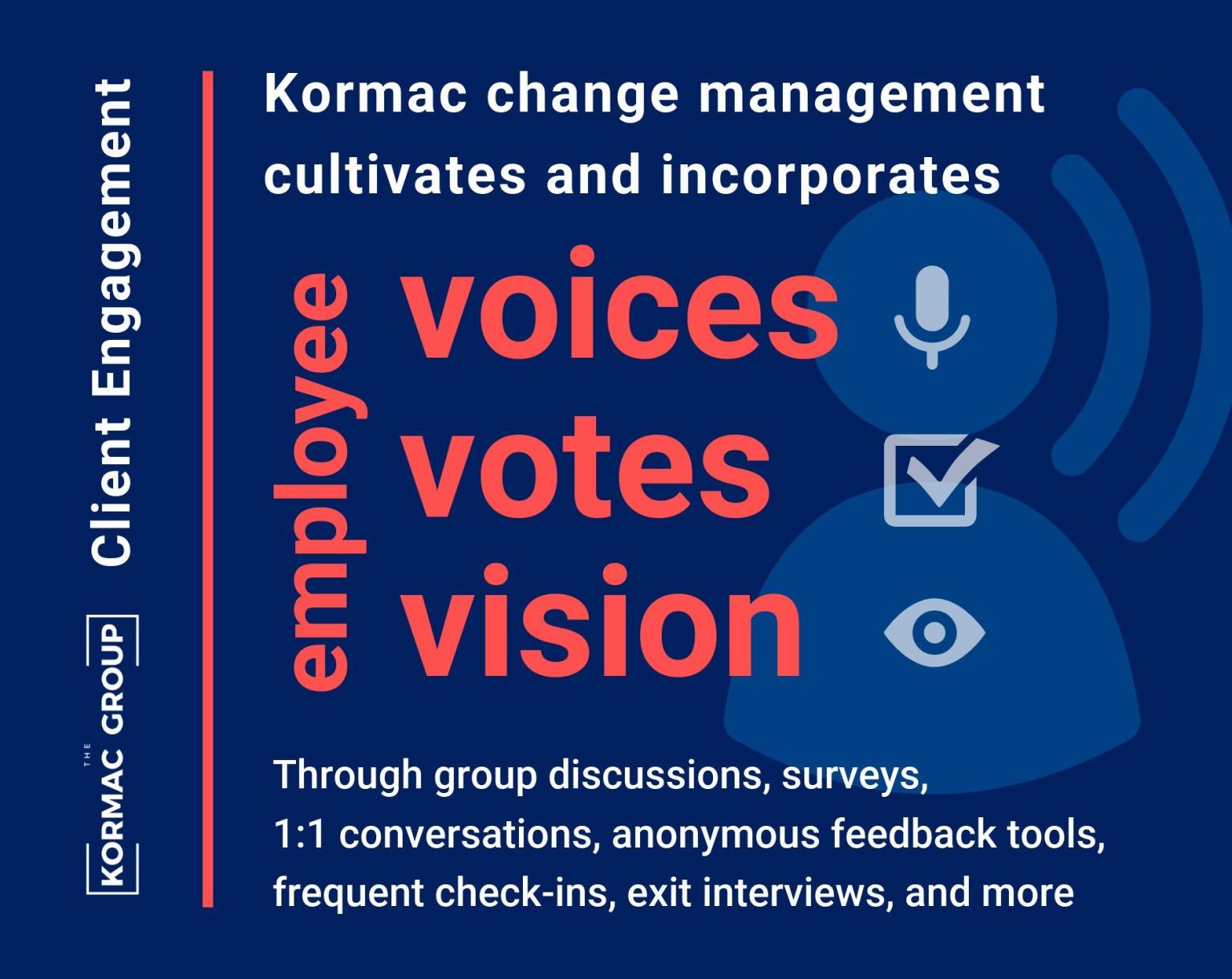 Client Engagement Kormac change management cultivates and incorporates employee voices, votes, vision. Through group discussions, surveys, 1:1 conversations, anonymous feedback tools, frequent check-ins, exit interviews, and more