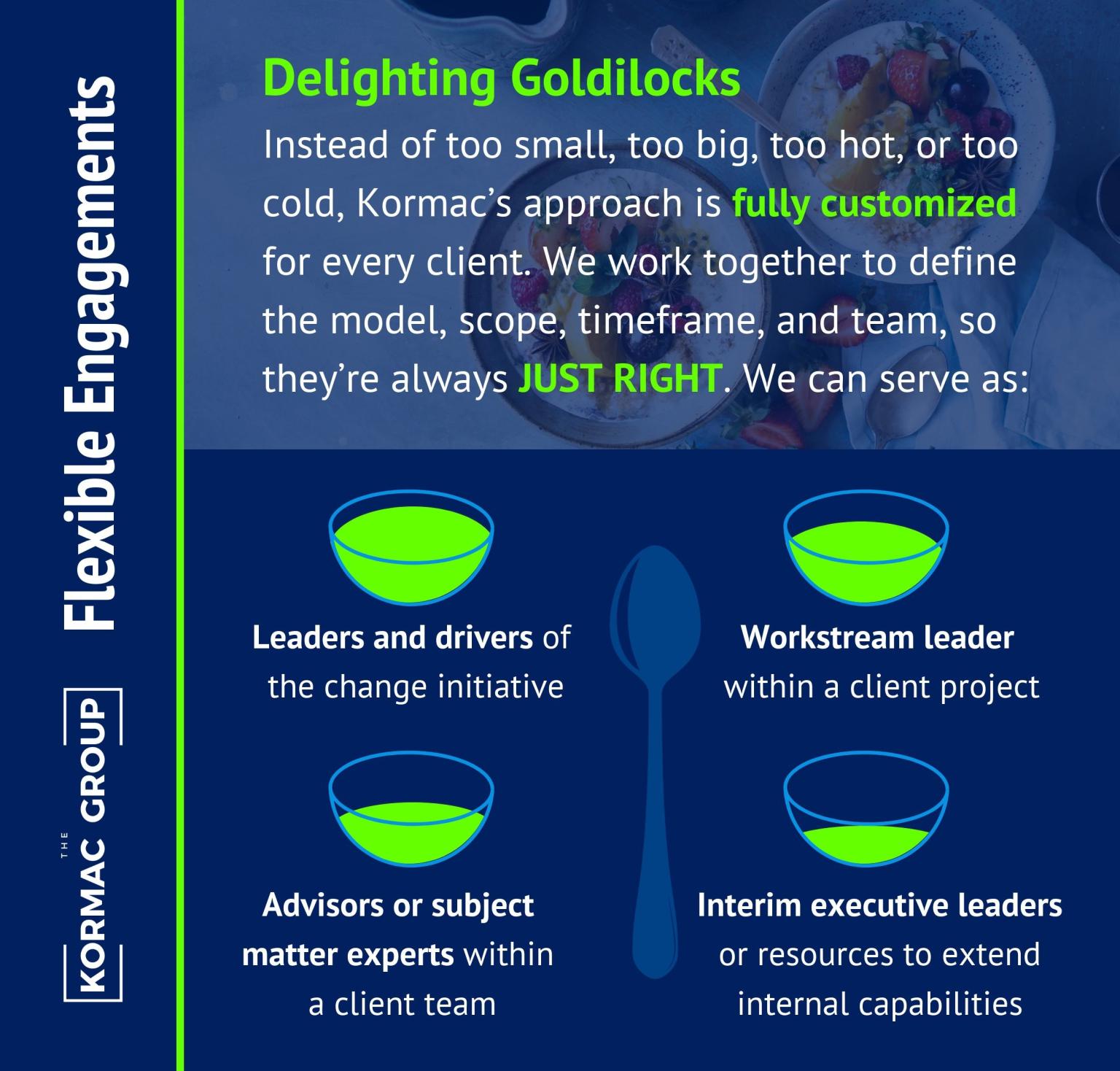 Flexible Engagements Delighting Goldilocks Instead of too small, too big, too hot, or too cold, Kormac's approach is fully customized for every client. We work together to define the model, scope, timeframe, and team, so they're always JUST RIGHT. We can serve as: - Leaders and drivers of the change initiative - workstream leader within a client project - advisors or subject matter experts within a client team - interim executive leaders or resources to extend internal capabilities