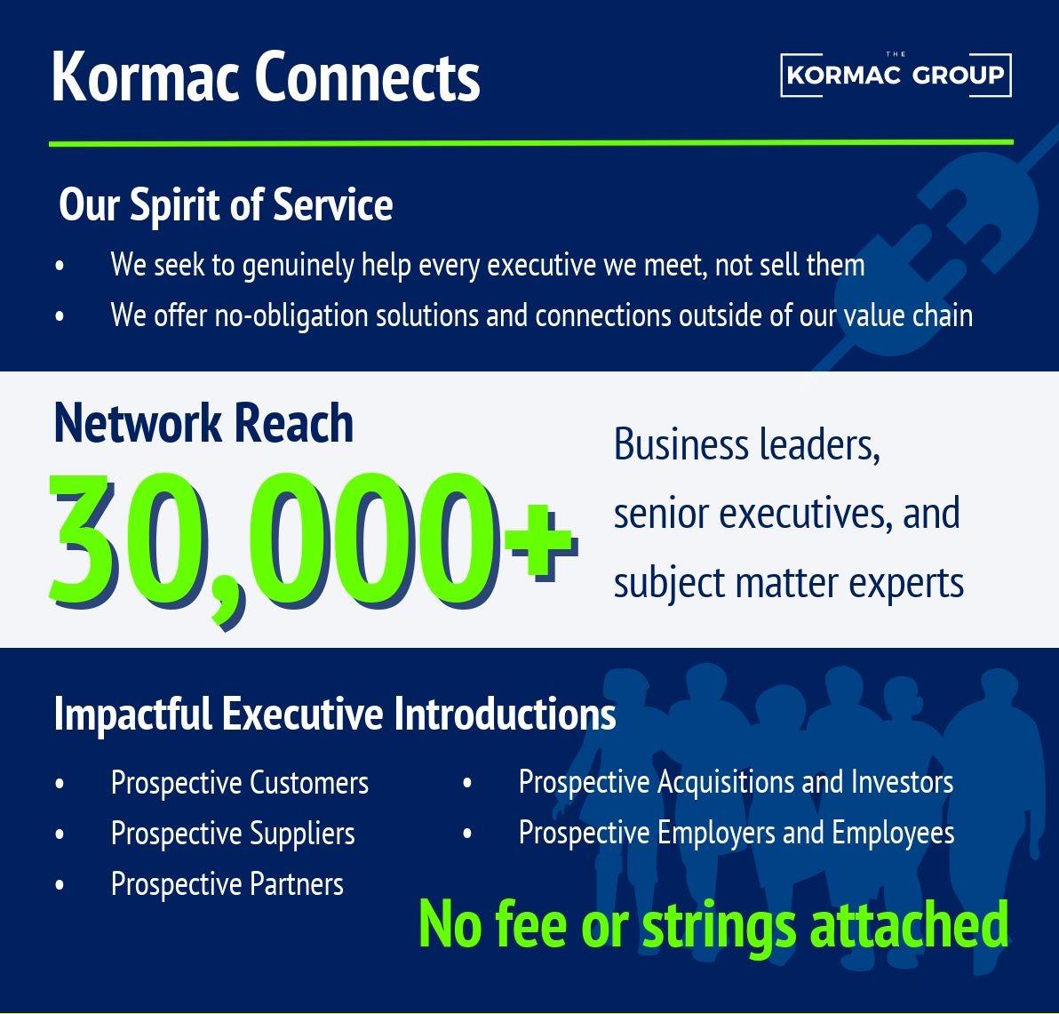 Kormac Connects Our Spirit of Service - We seek to genuinely help every executive we meet, not sell them - We offer no-obligation solutions and connections outside of our value chain Network Reach 30,000+ Business leaders, senior executives, and subject matter experts Impactful Executive Introductions - Prospective Customers - Prospective Suppliers - Prospective Partners - Prospective Acquisitions and Investors - Prospective Employers and Employees No fee or strings attached