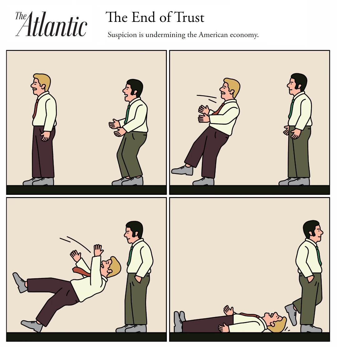 Comic strip from The Atlantic titled "The End of Trust; Suspicion is undermining the American economy" Comic shows 2 office workers, with one standing ready to catch the other in a trust fall. As the other begins to fall into the other, the other man walks away and lets the man fall to the floor