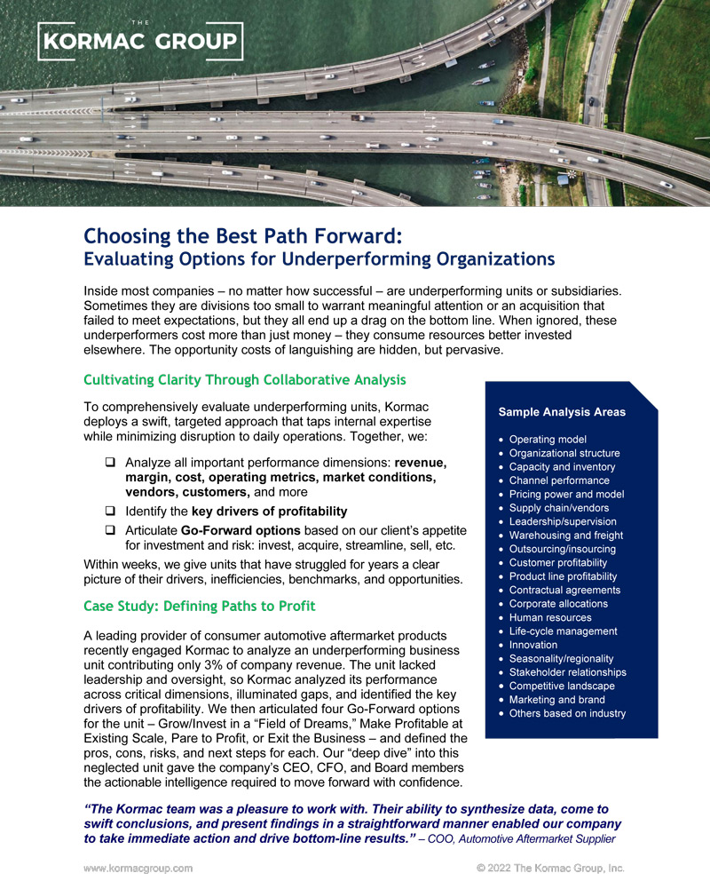 Screencapture of a PDF with the title "Choosing the Best Path Forward: Evaluating Options for Underperforming Organizations. To view contents, download the PDF (https://kormacgroup.com/wp-content/uploads/2022/09/Kormac-Option-Analysis-COO.pdf)