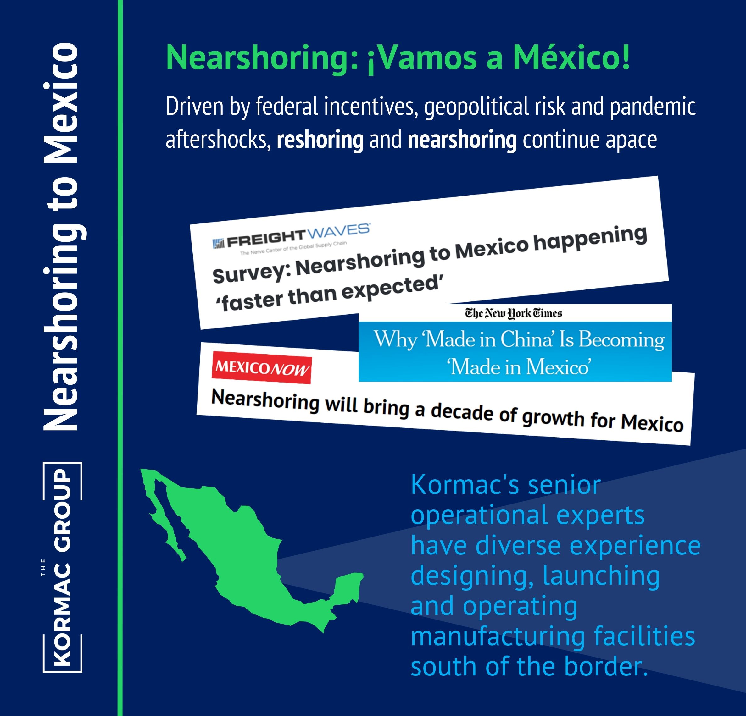Nearshoring to Mexico Nearshoring: ¡Vamos a México! Driven by federal incentives, geopolitical risk, and pandemic aftershocks, restoring and nearshoring continue apace. [Screenshots of various article titles about restoring and México] Kormac's senior operational experts have diverse experience designing, launching, and operating manufacturing facilities south of the border