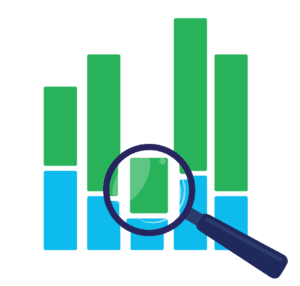 Icon of a graph with a magnifying glass focusing on a low portion of the graph