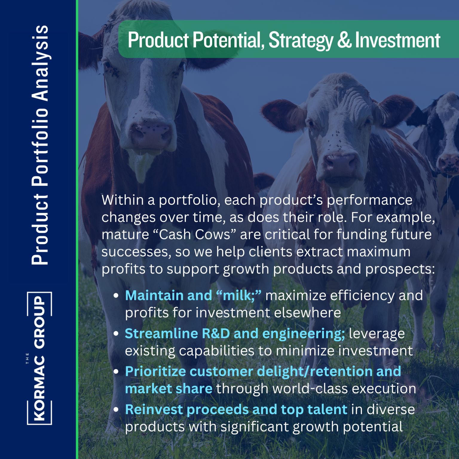 The Kormac Group: Product Portfolio Analysis Product Potential, Strategy & Investment Within a portfolio, each product's performance changes over time, as does their role. For example, mature "Cash Cows" are critical for funding future successes, so we help clients extract maximum profits to support growth products and prospects: - Maintain and "milk;" maximize efficiency and profits for investment elsewhere - Streamline R&D and engineering; leverage existing capabilities to minimize investment - Prioritize customer delight/retention and market share through world-class execution - Reinvest proceeds and top talent in diverse products with significant growth potential