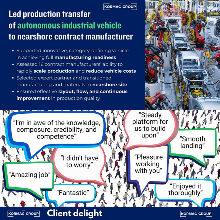 Led production transfer of autonomous industrial vehicle to nearshore contract manufacturer. - Supported innovative, category-defining vehicle in achieving full manufacturing readiness - Assessed 16 contract manufacturers' ability to rapidly scale production and reduce vehicle costs - Selected expert partner and transitioned manufacturing and materials to nearshore site - Ensured effective layout, flow, and continuous improvement in production quality "I'm in awe of the knowledge, composure, credibility, and competence" "Steady platform for us to build upon" "Smooth landing" "Amazing job" "I didn't have to worry" "Fantastic" "Pleasure working with you" "Enjoyed it thoroughly"