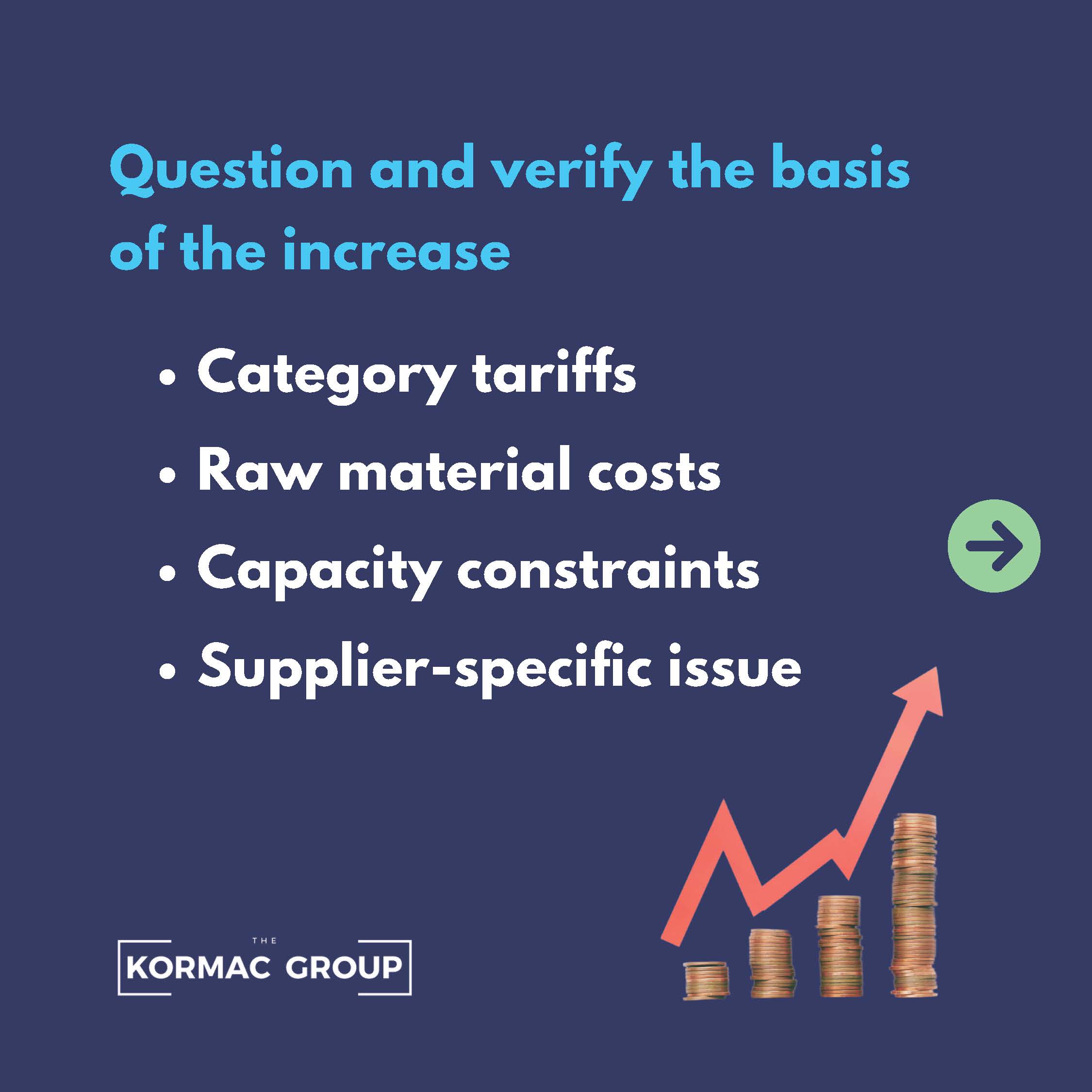 Question and verify the basis of the increase. Category tariffs, raw material costs, capacity constraints, and supplier-specific issues are some examples.