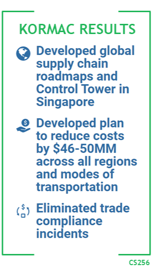 Kormac Results: Developed global supply chain roadmaps and Control Tower in Singapore. Developed plan to reduce costs by $46-50 million across all regions and modes of transportation. Eliminated trade compliance incidents.