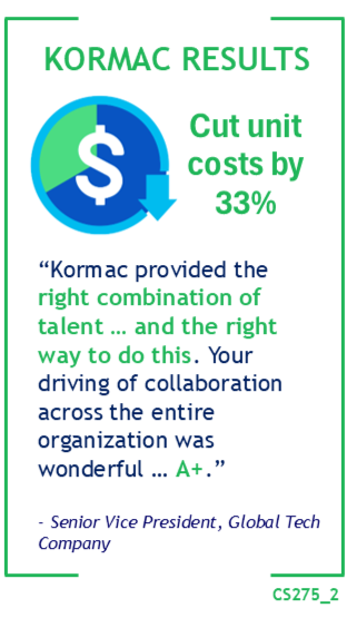 Kormac Results: Cut unit costs by 33%. “Kormac provided the right combination of talent … and the right way to do this. Your driving of collaboration across the entire organization was wonderful … A+.” - Senior Vice President, Global Tech Company